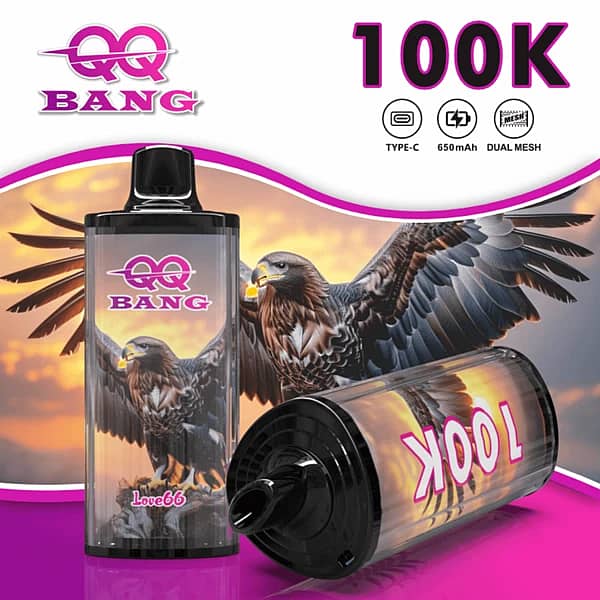 QQ Bang 100K disposable vape in Love 66 flavor with 100000 puffs, Type-C charging, 650mAh battery, and dual mesh coil
