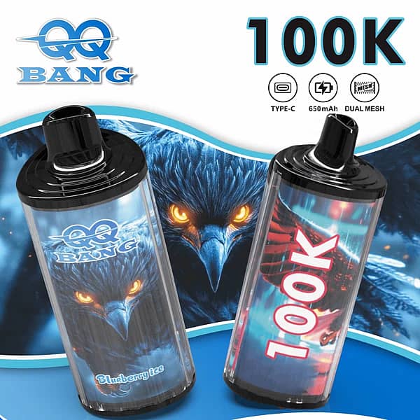 QQ Bang 100K disposable vape main picture with 100000 puffs, Type-C charging, 650mAh battery, dual mesh coil, and premium high-capacity design