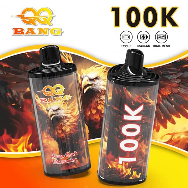 QQ Bang 100K disposable vape in Mango Peach Watermelon flavor with 100000 puffs, Type-C charging, 650mAh battery, and dual mesh coil