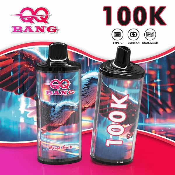 QQ Bang 100K disposable vape in Mixed Fruits flavor with 100000 puffs, Type-C charging, 650mAh battery, and dual mesh coil