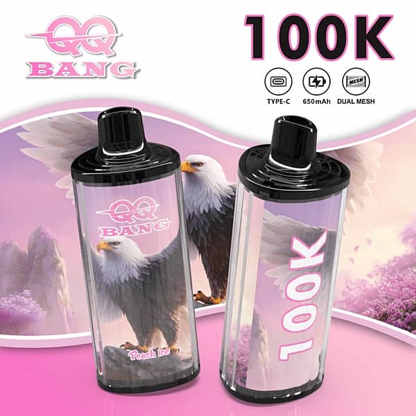 QQ Bang 100K disposable vape in Peach Ice flavor with 100000 puffs, Type-C charging, 650mAh battery, and dual mesh coil
