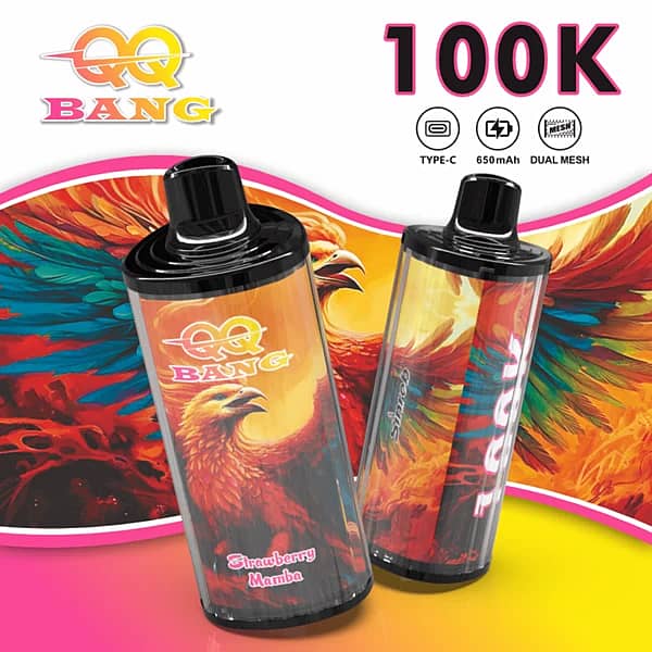 QQ Bang 100K disposable vape in Strawberry Mamba flavor with 100000 puffs, Type-C charging, 650mAh battery, and dual mesh coil