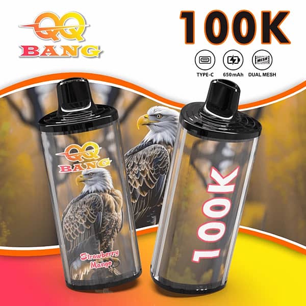 QQ Bang 100K disposable vape in Strawberry Mango flavor with 100000 puffs, Type-C charging, 650mAh battery, and dual mesh coil