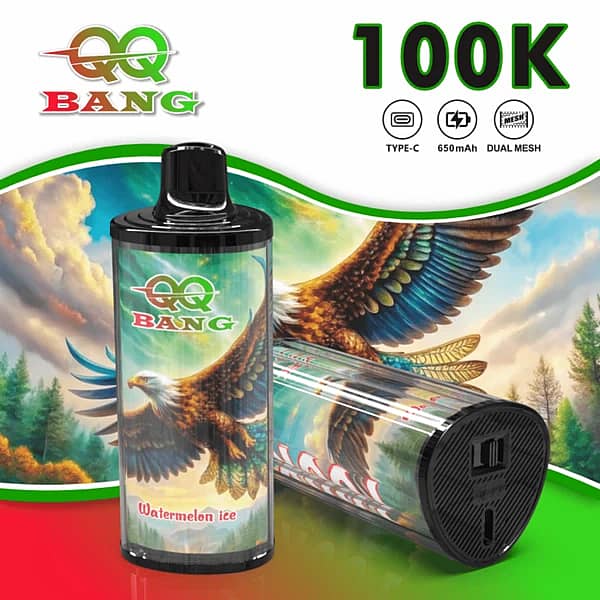 QQ Bang 100K disposable vape in Watermelon Ice flavor with 100000 puffs, Type-C charging, 650mAh battery, and dual mesh coil