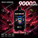 Bang De 90K Black Cherry disposable vape device with 90,000 puffs, LED screen, 650mAh battery, and mesh coil, set against splashing fresh cherries