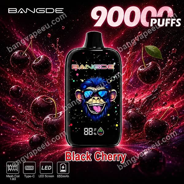 B=600,H=600,Aanpassen=Verkleinen,Zwaartekracht=Auto,Verscherpen=1,Metagegevens=Geen,Formaat=Auto,Kwaliteit=70 Bang De 90K Black Cherry Disposable Vape Device With 90,000 Puffs, Led Screen, 650Mah Battery, And Mesh Coil, Set Against Splashing Fresh Cherries