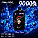 Bang De 90K Blue Razz disposable vape with 90000 puffs, featuring an LED display, mesh coil, and rechargeable 650mAh battery
