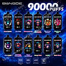 Bang De 90K disposable vape flavor list showing 90000 puffs devices with various flavors, mesh coil, LED screen, and a 650mAh rechargeable battery