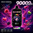 Bang De 90K LOVE66 disposable vape featuring 90000 puffs, LED screen, 650mAh rechargeable battery, and a cool monkey illustration with colorful hearts