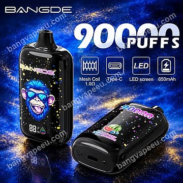 Bang De 90K disposable vape device with 90000 puffs, featuring 1.0 ohm mesh coil, LED display screen, and Type-C rechargeable 650mAh battery