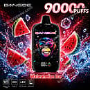 Bang De 90K Watermelon Ice disposable vape featuring 90000 puffs, an LED display screen, 1.0 ohm mesh coil, and a rechargeable 650mAh battery