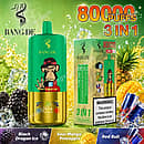 Bang De 80K Black Dragon Ice, Sour Mango Pineapple, and Red Bull 3-in-1 disposable vape device featuring 80000 puffs, green design, and product packaging
