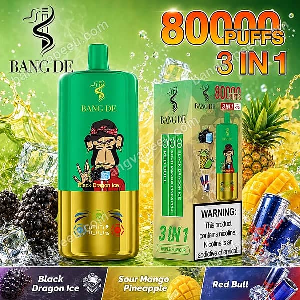 W=600,H=600,Fit=Scale Down,Gravity=Auto,Sharpen=1,Metadata=None,Format=Auto,Quality=70 Bang De 80K Black Dragon Ice, Sour Mango Pineapple, And Red Bull 3-In-1 Disposable Vape Device Featuring 80000 Puffs, Green Design, And Product Packaging