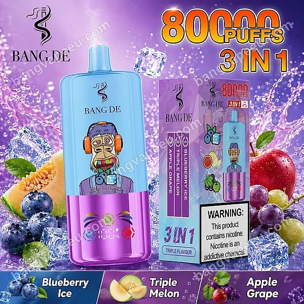 W=600,H=600,Fit=Scale Down,Gravity=Auto,Sharpen=1,Metadata=None,Format=Auto,Quality=70 Bang De 80K Blueberry Ice 3-In-1 Disposable Vape Device With 80000 Puffs, Featuring Triple Melon And Apple Grape Flavors, Led Screen, And Packaging