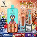 Bang De 80K Blueberry Raspberry 3-in-1 disposable vape with 80000 puffs, featuring Strawberry Vanilla Coke and Mixed Berry triple flavors