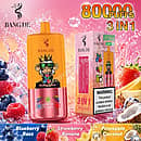 Bang De 80K Blueberry Razz 3-in-1 disposable vape with Strawberry Banana and Pineapple Coconut triple flavours, offering up to 80000 puffs