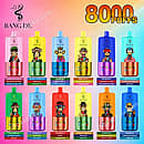 Bang De 80K flavor list featuring twelve colorful disposable vape devices with cartoon ape designs, 8000 puffs, and various fruit flavor options