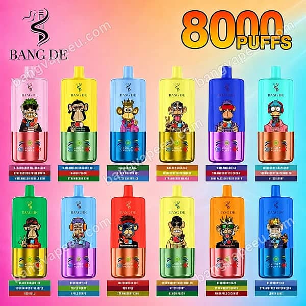 W=600,H=600,Fit=Scale Down,Gravity=Auto,Sharpen=1,Metadata=None,Format=Auto,Quality=70 Bang De 80K Flavor List Featuring Twelve Colorful Disposable Vape Devices With Cartoon Ape Designs, 8000 Puffs, And Various Fruit Flavor Options