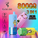 Bang De 80K disposable vape with 80000 puffs, featuring 3-in-1 flavors, a 650mAh Type-C rechargeable battery, and an e-liquid display screen