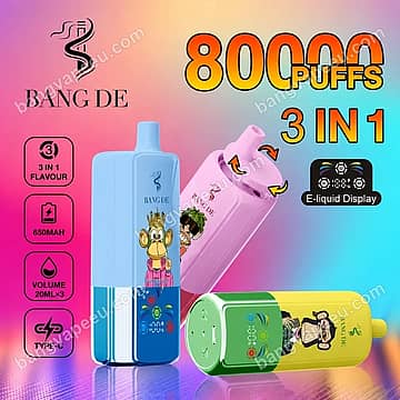 Bang De 80K Einweg-E-Zigarette mit 80.000 Zügen, 3-in-1-Aromen, einem wiederaufladbaren 650-mAh-Akku mit Typ-C-Anschluss und einer E-Liquid-Anzeige