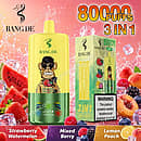 Bang De 80K Strawberry Watermelon, Mixed Berry, and Lemon Peach 3-in-1 disposable vape with 80000 puffs, triple flavor switch, and digital screen display