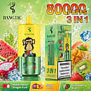 Bang De 80K Watermelon Dragon Fruit, Mango Peach, and Strawberry Kiwi 3-in-1 disposable vape device featuring 80000 puffs and triple flavors