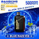 Bang King 12 Star Signs Black Gold Edition rechargeable vape in Blue Razz Ice flavor with 50,000 puffs, featuring raspberries and ice
