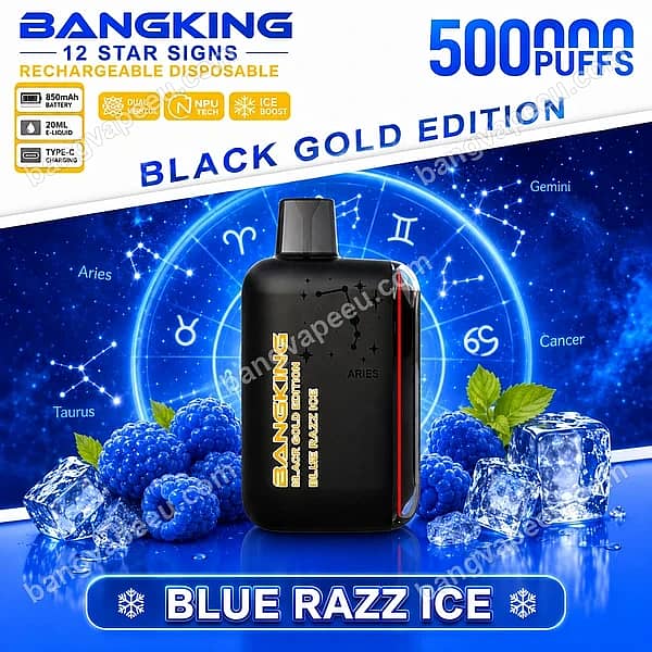 Bang King 12 Star Signs Black Gold Edition Rechargeable Vape In Blue Razz Ice Flavor With 50,000 Puffs, Featuring Raspberries And Ice
