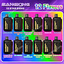 Bang King 12 Star Signs Black Gold Edition disposable vape flavor list displaying twelve zodiac constellation-themed devices and fruit e-liquid options