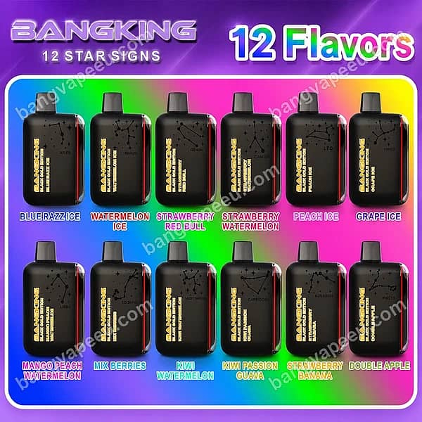 Bang King 12 Star Signs Black Gold Edition Disposable Vape Flavor List Displaying Twelve Zodiac Constellation-Themed Devices And Fruit E-Liquid Options