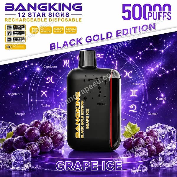 Bang King 12 Star Signs Grape Ice Rechargeable Disposable Vape From The Black Gold Edition, Featuring 50000 Puffs And A Virgo Astrological Design