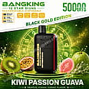 Bang King 12 Star Signs 50000 Puffs rechargeable disposable vape in Kiwi Passion Guava flavor, featuring the Black Gold Edition Capricorn device