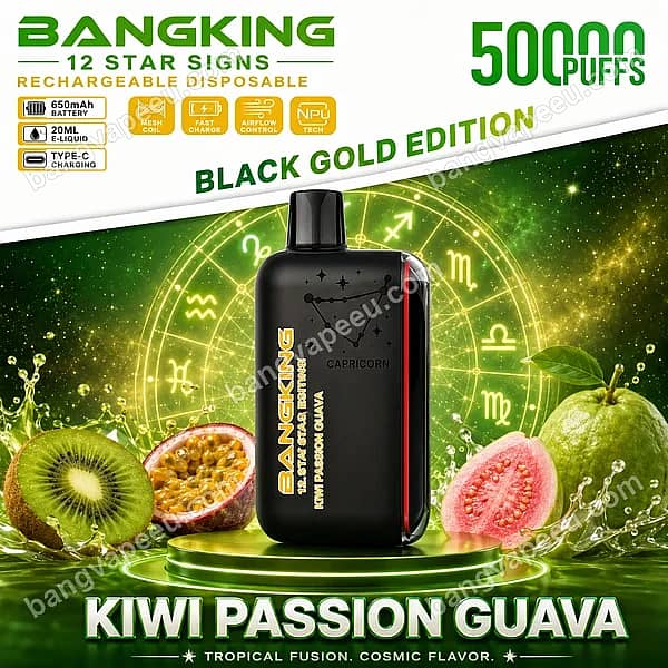 Bang King 12 Star Signs 50000 Puffs Rechargeable Disposable Vape In Kiwi Passion Guava Flavor, Featuring The Black Gold Edition Capricorn Device