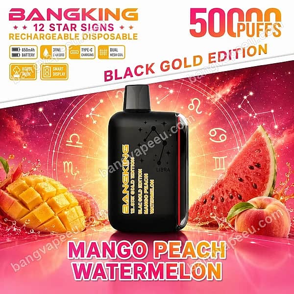 Bang King 12 Star Signs 50000 Puffs Rechargeable Disposable Vape In Mango Peach Watermelon Flavor, Black Gold Edition