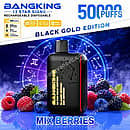 Bang King 12 Star Signs 50000 Puffs rechargeable disposable vape in Mix Berries flavor, Black Gold Scorpio edition surrounded by fresh berries