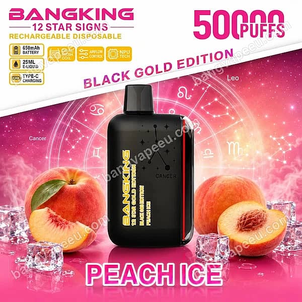 Bang King 12 Star Signs Peach Ice Rechargeable Disposable Vape, Featuring 50000 Puffs And The Black Gold Edition Cancer Design