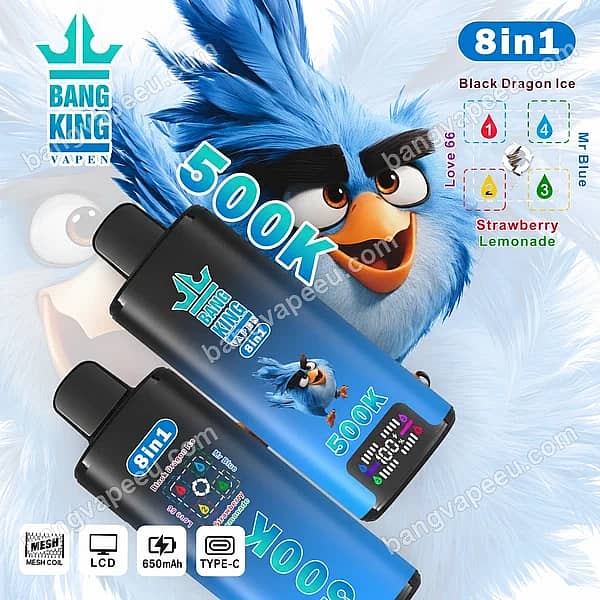 Bang King 500K Disposable Vape Device Featuring An 8-In-1 Flavor Design, Digital Lcd Screen, 650Mah Rechargeable Battery, And Mesh Coil