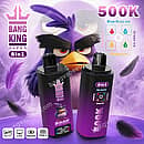 Bang King 500K 8in1 rechargeable vape featuring Blue Razz Ice, Peach Ice, Grape Ice, and Mango Ice flavors, with an LCD screen and mesh coil