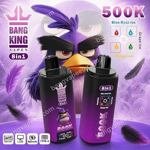 Bang King 500K 8In1 Rechargeable Vape Featuring Blue Razz Ice, Peach Ice, Grape Ice, And Mango Ice Flavors, With An Lcd Screen And Mesh Coil