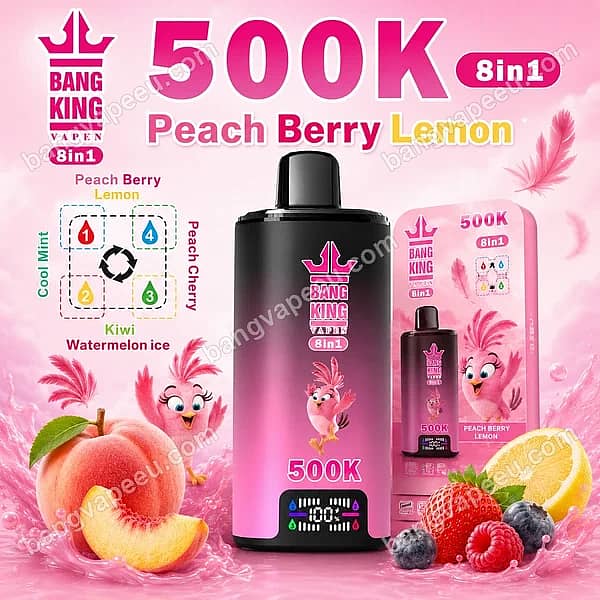 Bang King 500K 8In1 Disposable Vape Device In Peach Berry Lemon, Featuring A Smart Screen Display And Fresh Peach, Strawberry, And Lemon Illustration