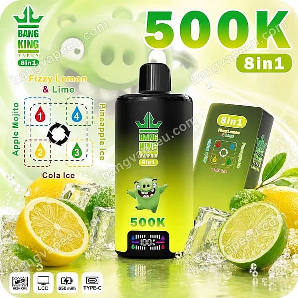Bang King 500K 8In1 Disposable Vape In Fizzy Lemon &Amp; Lime Flavor, Featuring An Lcd Display, Rechargeable 650Mah Battery, And Mesh Coil
