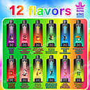 Bang King 500K disposable vape flavor list displaying 12 colorful 4-in-1 rechargeable devices featuring smart screen indicators and cartoon bird designs