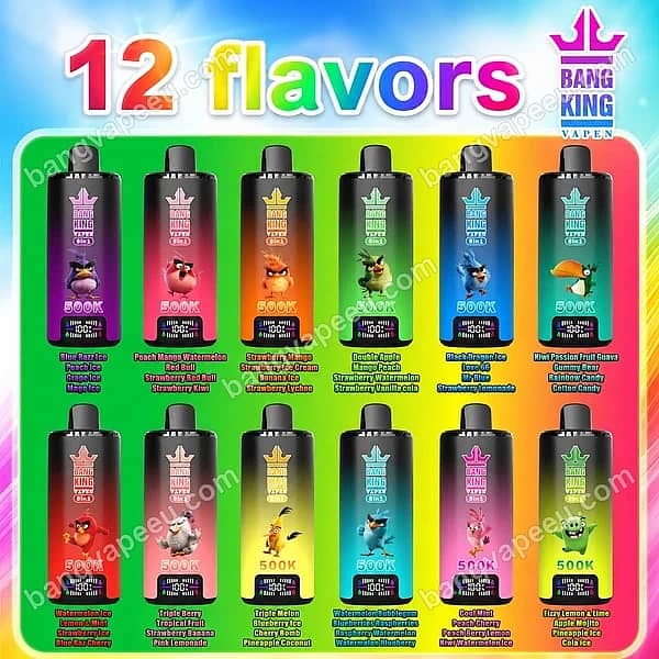 Bang King 500K Disposable Vape Flavor List Displaying 12 Colorful 4-In-1 Rechargeable Devices Featuring Smart Screen Indicators And Cartoon Bird Designs