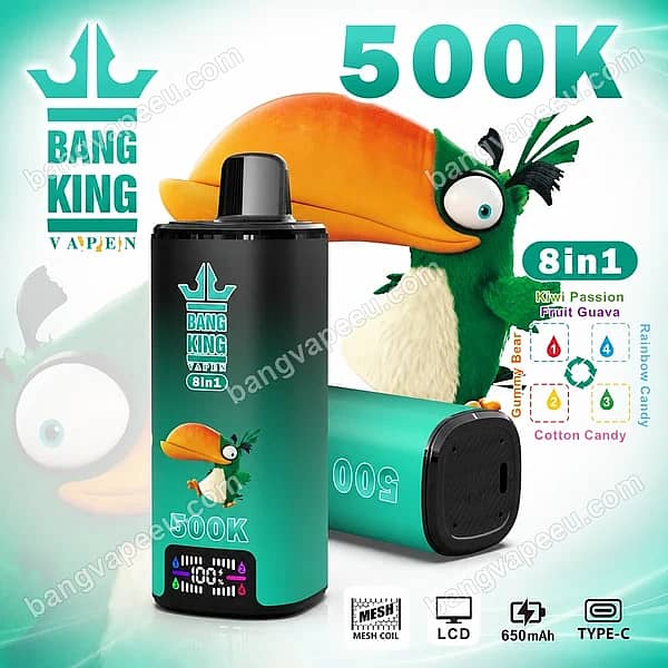 Bang King 500K 8-In-1 Disposable Vape In Kiwi Passion Fruit Guava With A Built-In Lcd Screen, Mesh Coil, And 650Mah Type-C Rechargeable Battery