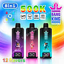 Bang King 500K disposable vape featuring 8-in-1 flavors, an LCD display screen, 650mAh Type-C rechargeable battery, and high-performance mesh coil