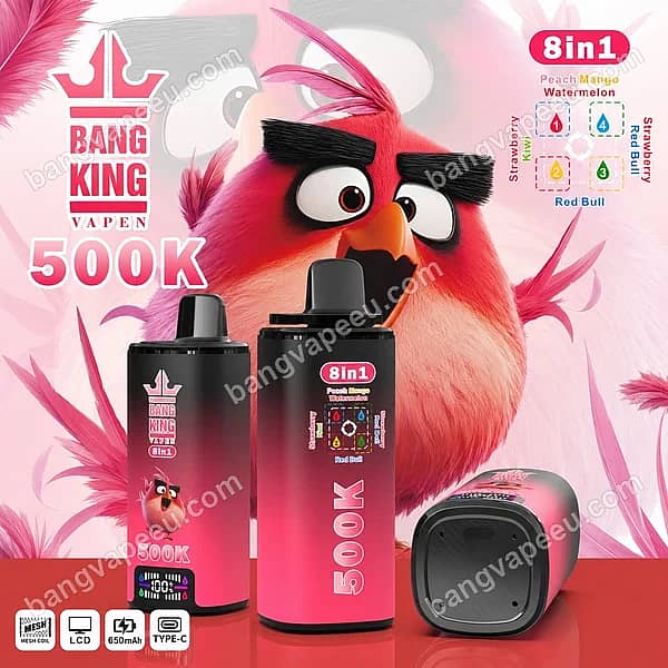 Bang King 500K 8In1 Rechargeable Disposable Vape Featuring Peach Mango Watermelon Flavor, Built-In Lcd Screen, And 650Mah Battery