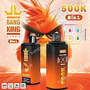 Bang King 500K 8in1 disposable vape with Strawberry Mango, Banana Ice, and Strawberry Lychee flavors, featuring an LCD display and 650mAh Type-C battery