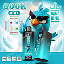 Bang King 500K 8in1 rechargeable disposable vape featuring an LCD screen, mesh coil, and flavors like Watermelon Bubblegum and Blueberries Raspberries