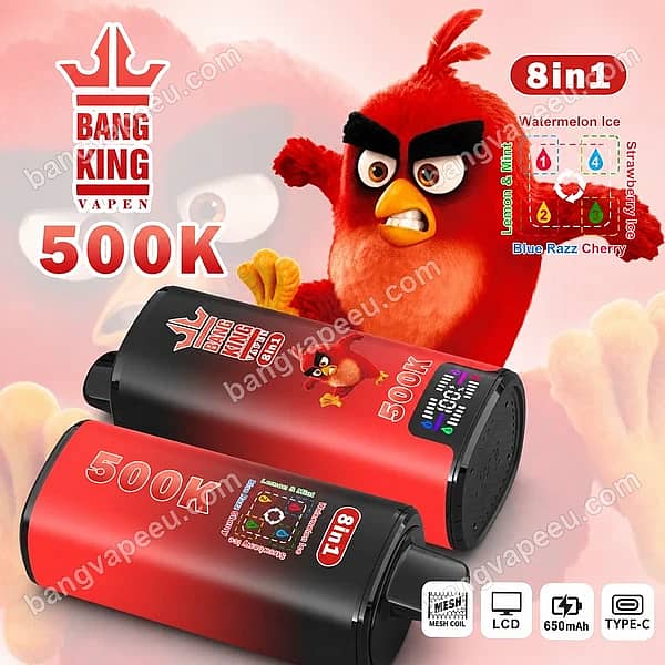 Bang King 500K 8In1 Rechargeable Disposable Vape With Angry Birds Theme, Featuring An Lcd Screen, Mesh Coil, And Multi-Flavor Switching Options