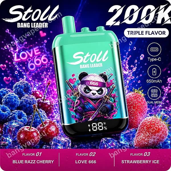 Bang Leader Stoll 200K Puffs Rechargeable Disposable Vape Featuring Blue Razz Cherry, Love 666, And Strawberry Ice Triple Flavors With A Dual Mesh Coil